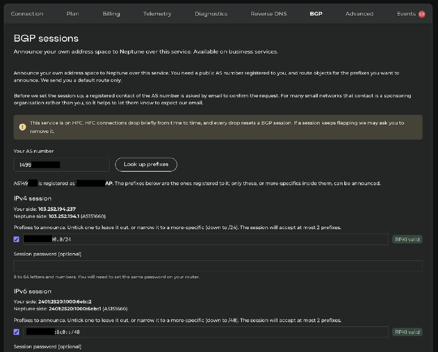Screenshot of the BGP session request form in the portal