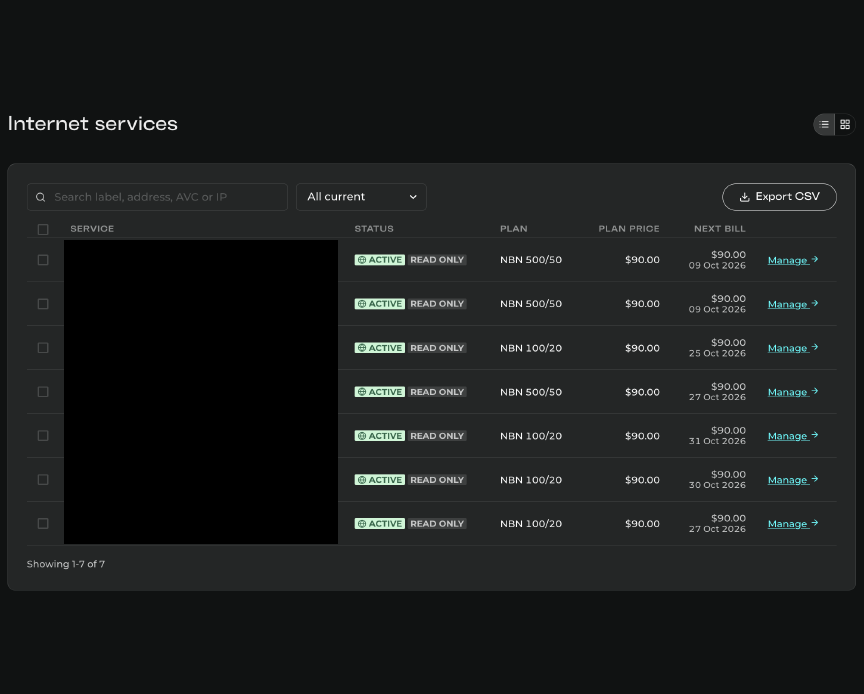 Screenshot of the list view of internet services in the portal