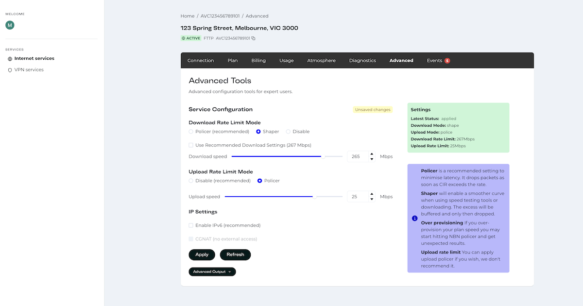 Customer Portal screenshot of shaper settings