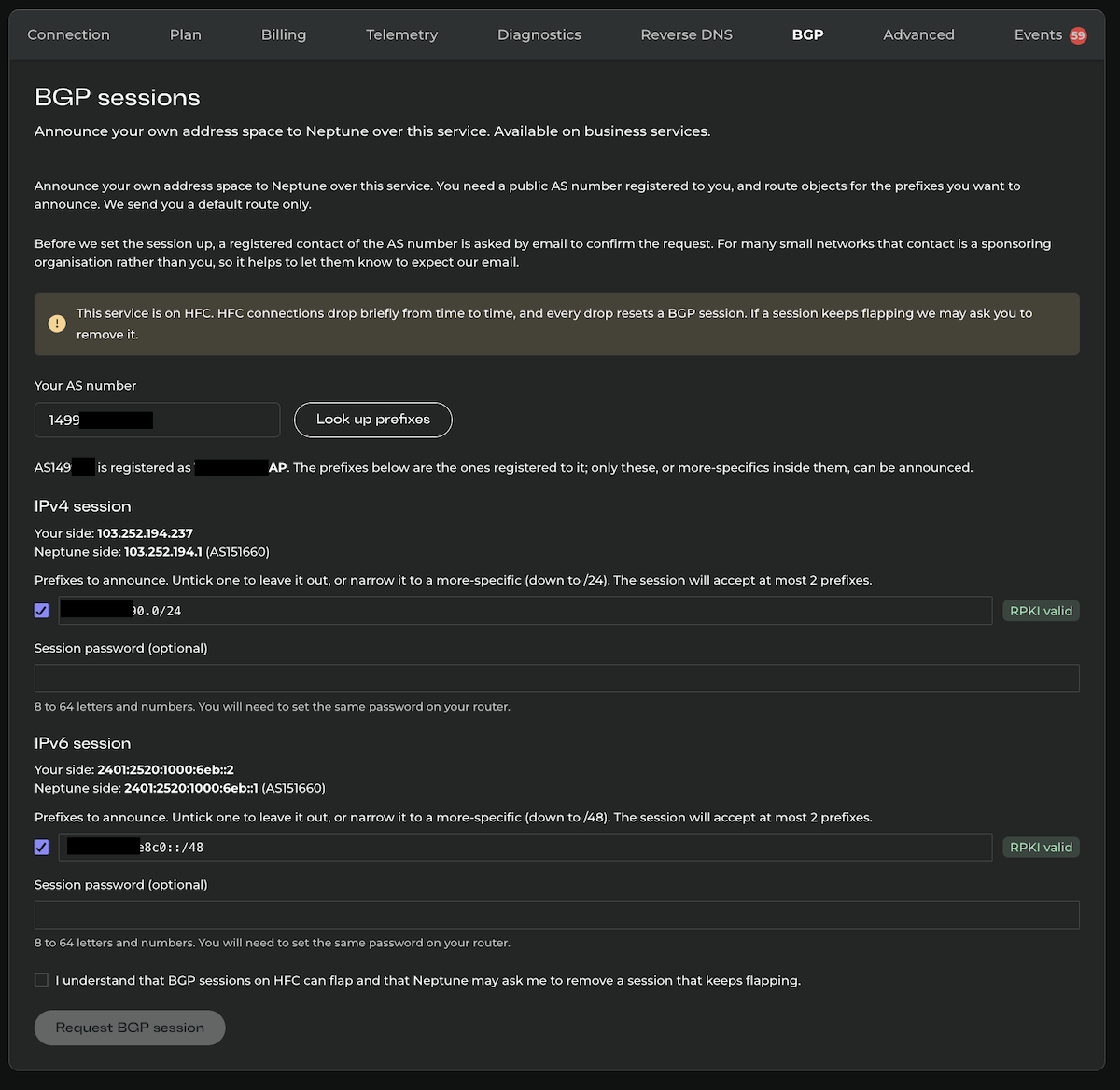 The BGP tab in the Neptune portal, showing the request form