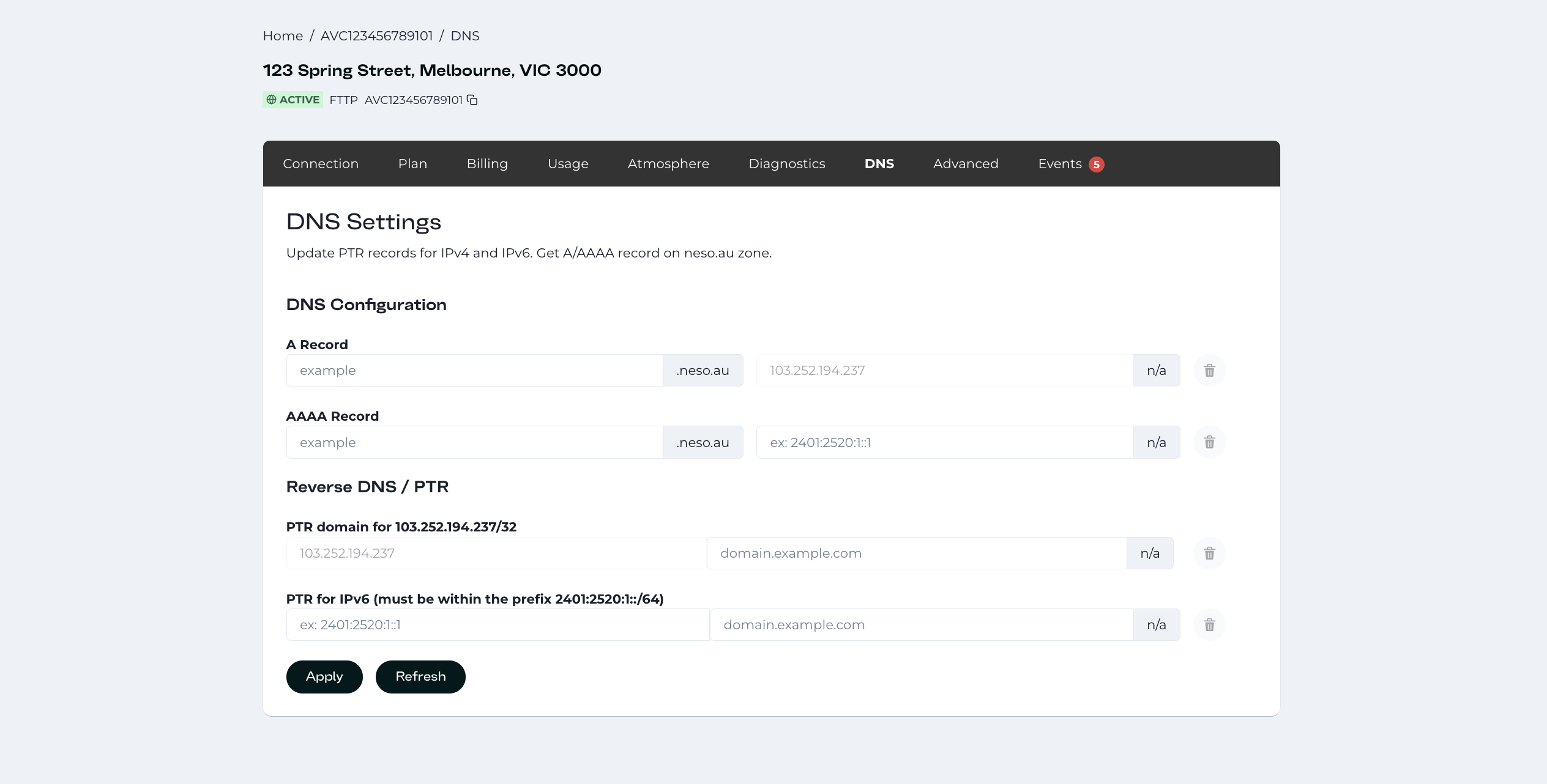 Customer Portal screenshot of DNS PTR IPv6 and IPv4 settings