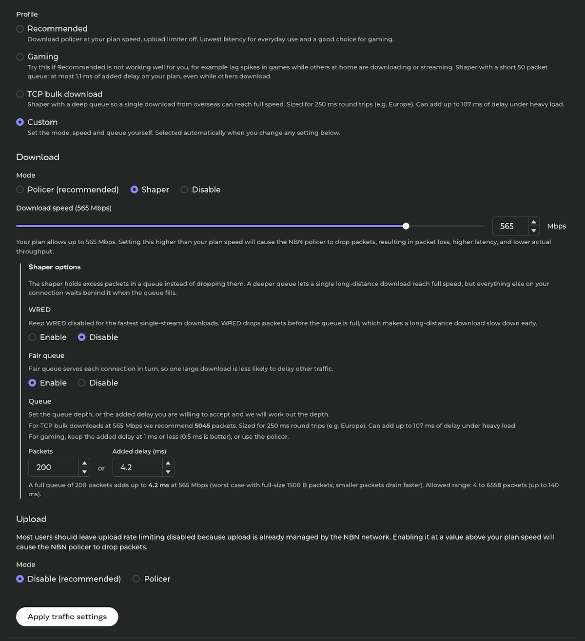 Traffic management settings in the Neptune portal