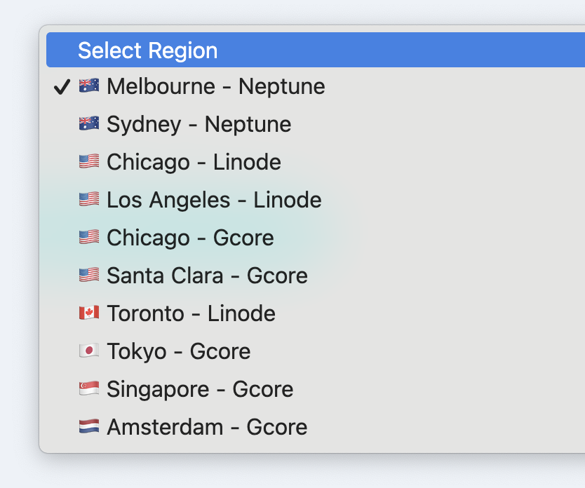 VPN regions drop down